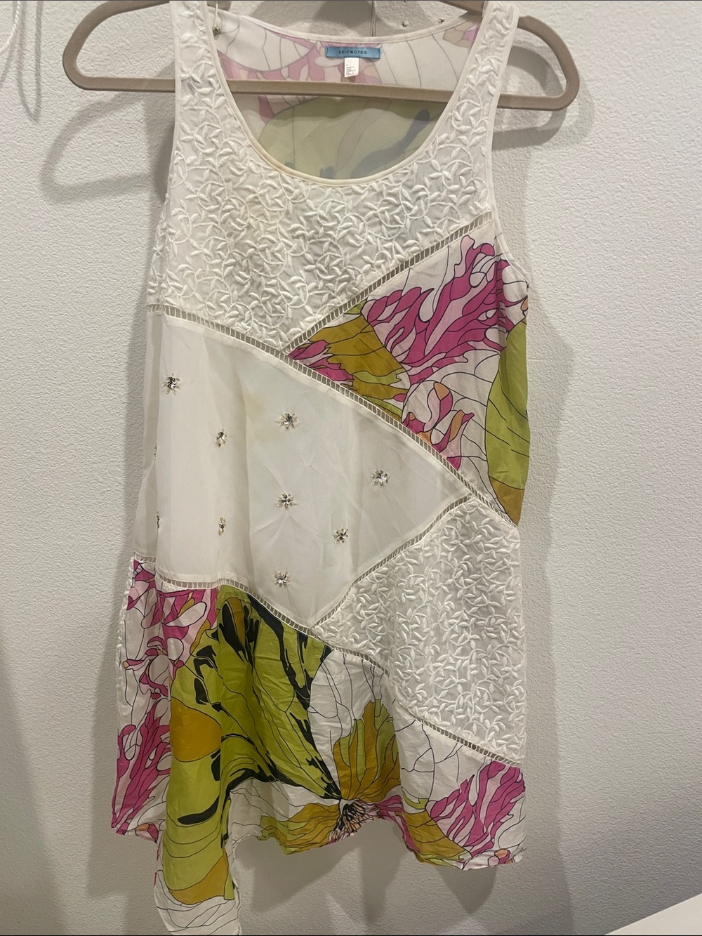 Anthropologie White Floral Patchwork Sundress with Pink & Chartreuse Accents
